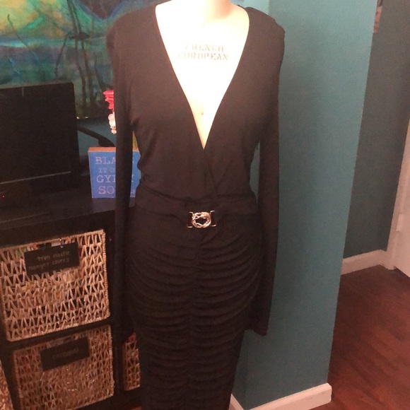 Cavalli black slim snake belt dress w/ gathered front skirt & plunging neckline - Picture 7 of 15